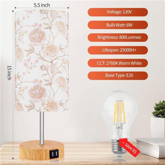 Bedside Touch Lamp, Wood Small Table lamp with 2 USB Charging Ports & Flower - Picture 5 of 7
